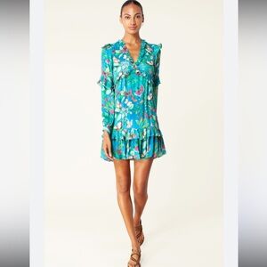 Hale Bob Blue Marbled Butterfly Tiered Ruffle Mini Dress. Size XS. $398